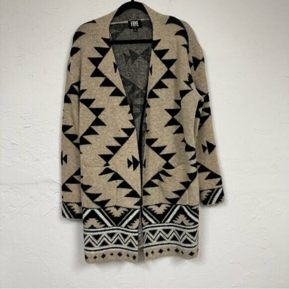 Frye Sweaters - Frye Tan Black Aztec Southwestern Print Cardigan Sweater Womens M Duster Long